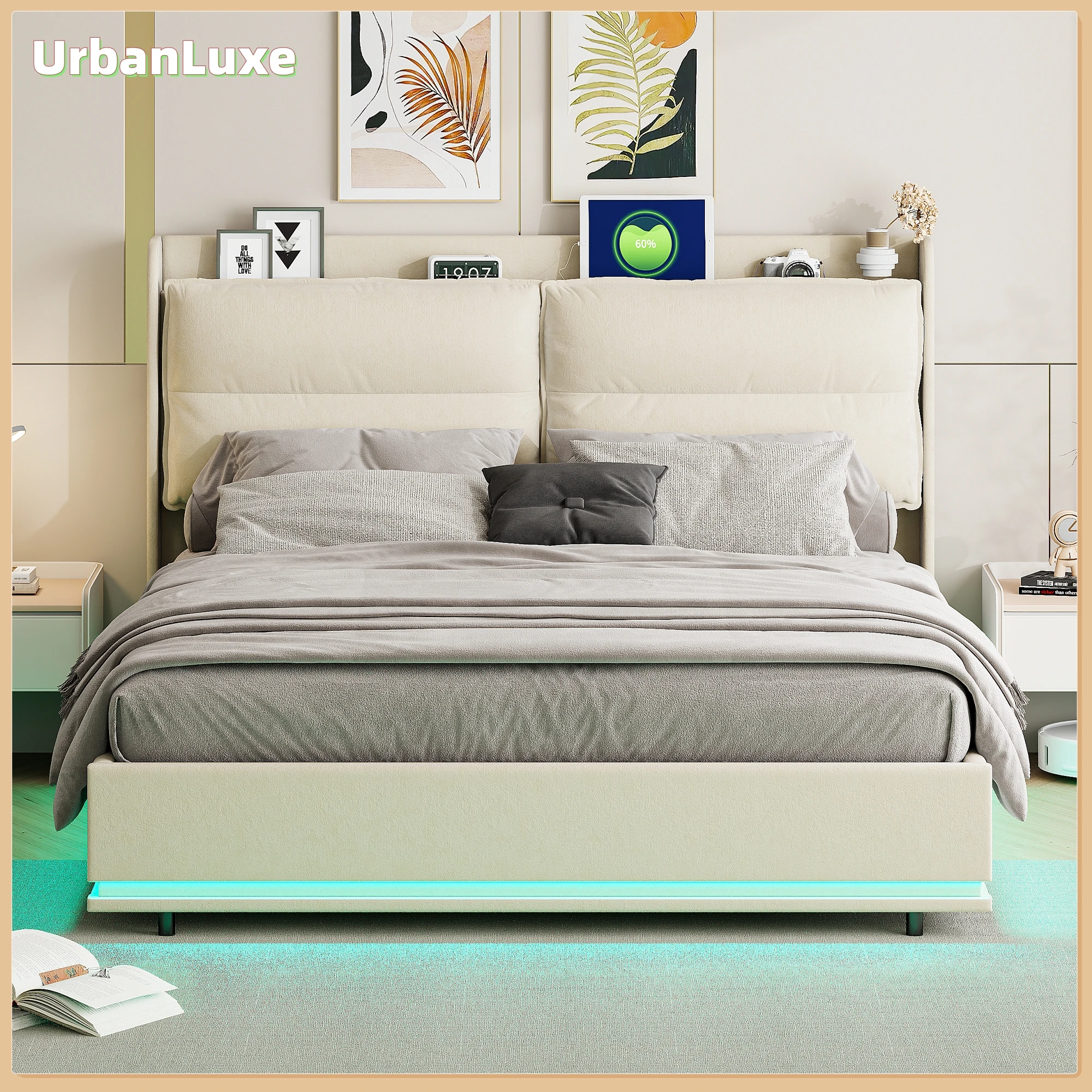 UrbanLuxe Doppelbett 160x200 cm mit LED-Lichtleiste und Ladeanschluss, Bett mit Stauraum, Lattenrost, Flanellstoff, Off-White