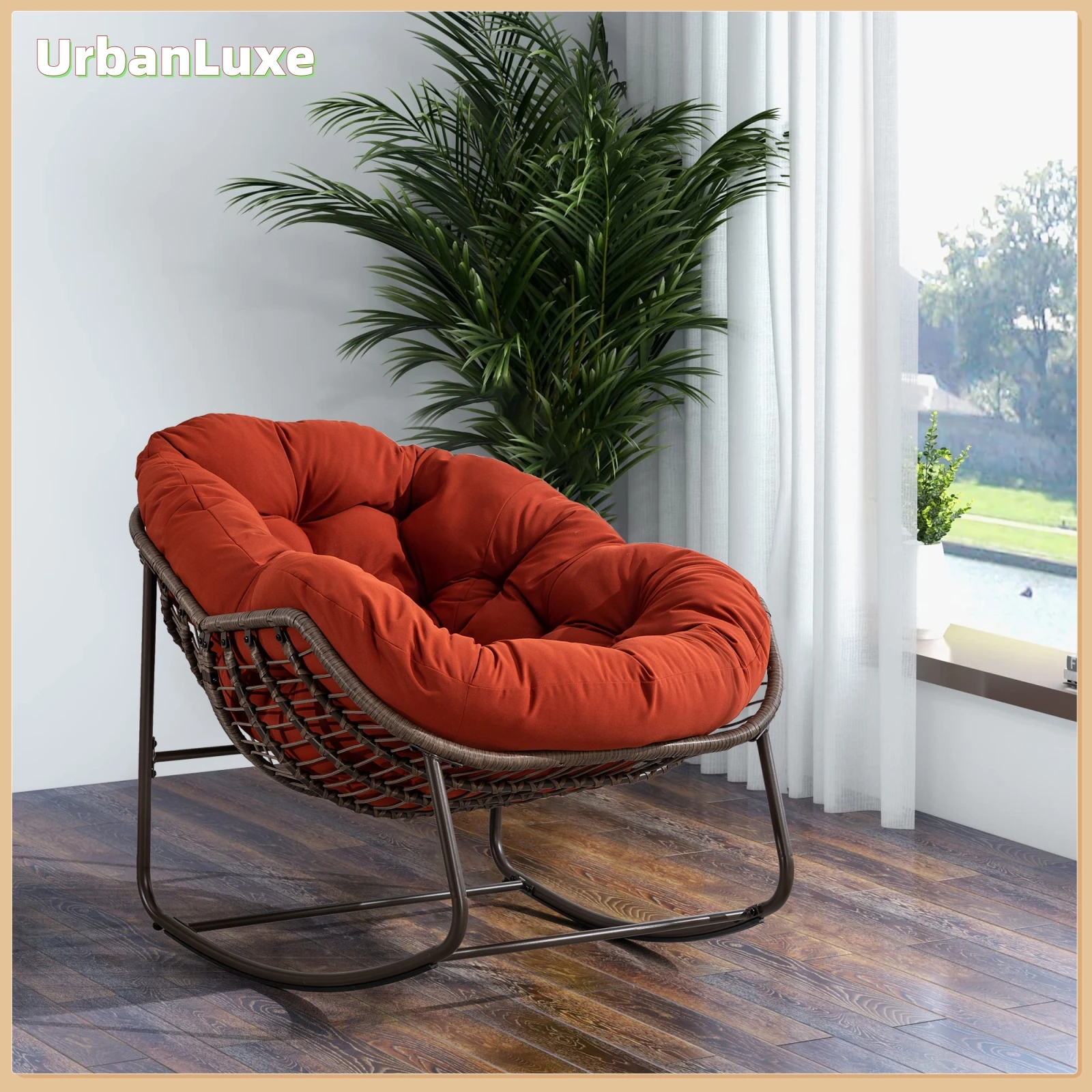 UrbanLuxe Schaukelstuhl, mit gepolsterter Rückenlehne, Wohnzimmerstuhl, Outdoor-Schaukelstuhl, Loungesessel, Rattan, Orange