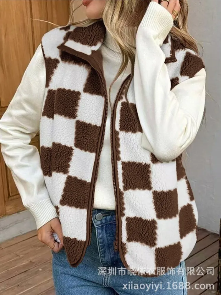 2025 für frauen Mode Plüsch Lose Platz Karierten Weste Herbst Winter Casual Zipper Strickjacke Weste Retro Mantel Weibliche Image