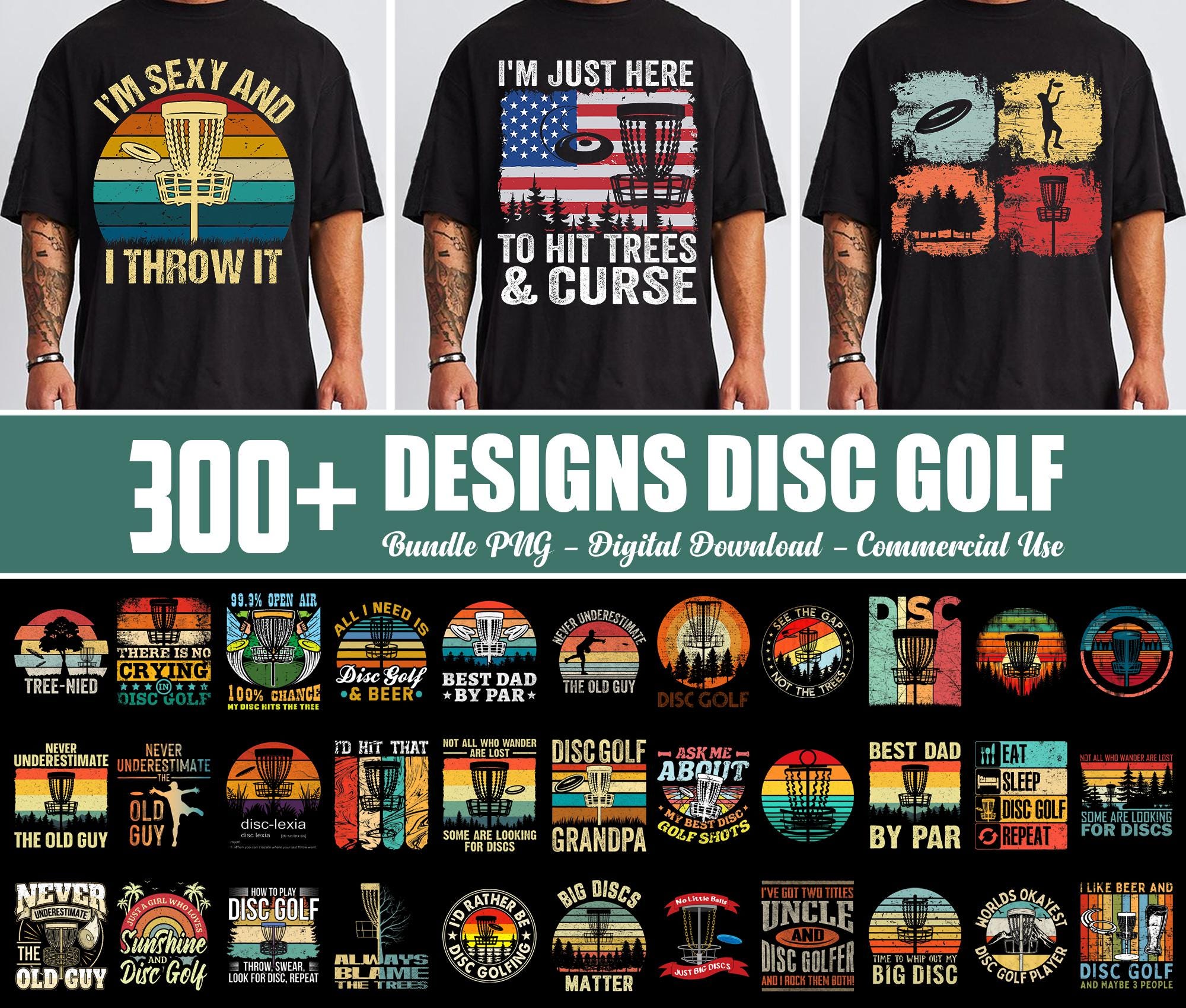 Pacchetto Disc Golf con oltre 300 design in formato PNG, citazioni divertenti sul Disc Golf in formato PNG, Frisbee Golf in formato PNG, Golfista in f
