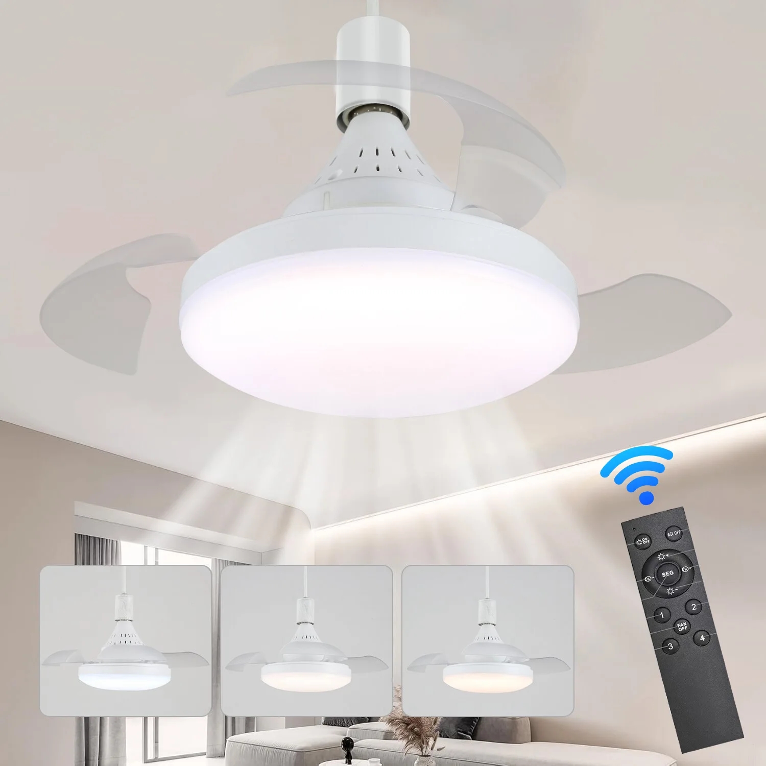 Unsichtbarer Ventilator, moderner, einfacher LED-Deckenventilator, Licht, einziehbare Flügel, Ventilatoren, E27-Sockel, Deckenleuchte, Ventilator, Schlafzimmer, Wohnzimmer, Beleuchtung