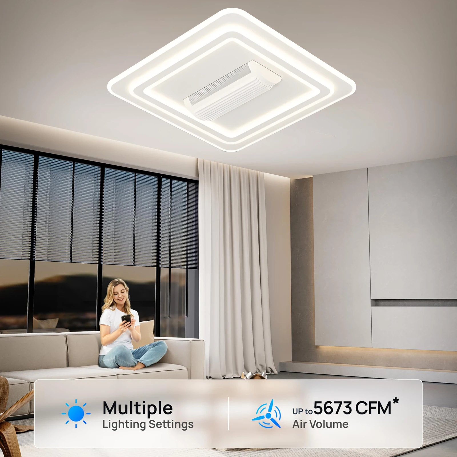 Intelligente LED-Deckenventilatoren mit Licht für Wohnzimmer, Esszimmer, unsichtbare blattlose Deckenventilatoren, Beleuchtung mit niedriger Bodendichtung