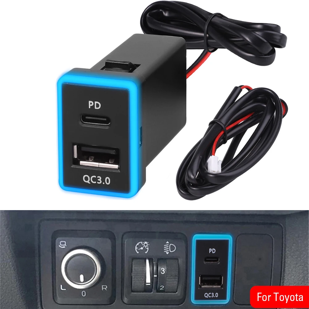 USB C Auto Ladegerät Typ C PD QC 3,0 Dual USB Schnelle Ladegerät Buchse 12V Telefon Lade Power Adapter steckdose Für Toyota Image