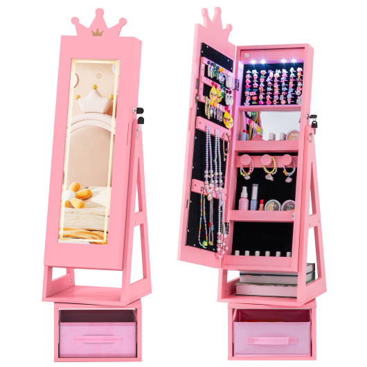 Costway 3 In 1 Kids Jewelry Cabinet with 3-Color Lighted Full Length Mirror-Pink