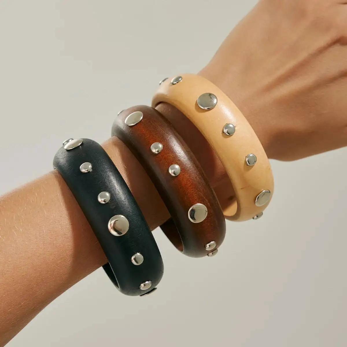 PuRui 3 Stile Punk Vintage Runde Holz Breite Armreif für Frauen Mode Kreative Gestapelt Chunky Armreif Femme Schmuck Zubehör Image