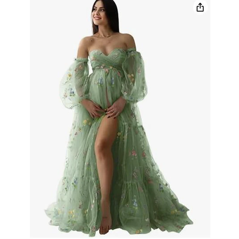 Umstandskleider aus Tüll mit Blumenstickerei, Fotoshooting, Rüschen, Puffärmel, lange Roben für die Babyparty, Kleider für Schwangere Image