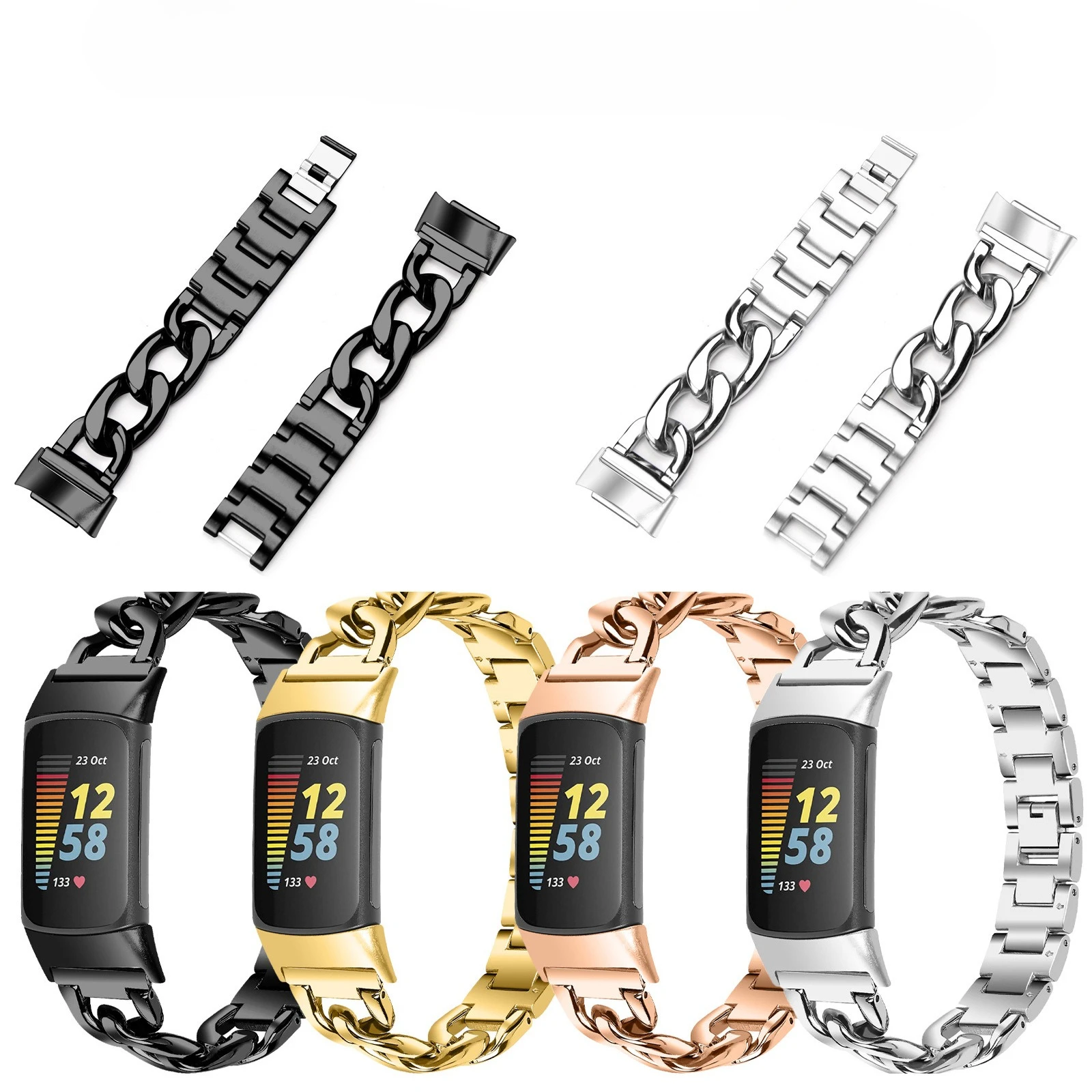 Kette Edelstahlarmband für Fitbit Charge5/6 Stilvolle Denim-Kette Metall-Schnellverschlussband Image