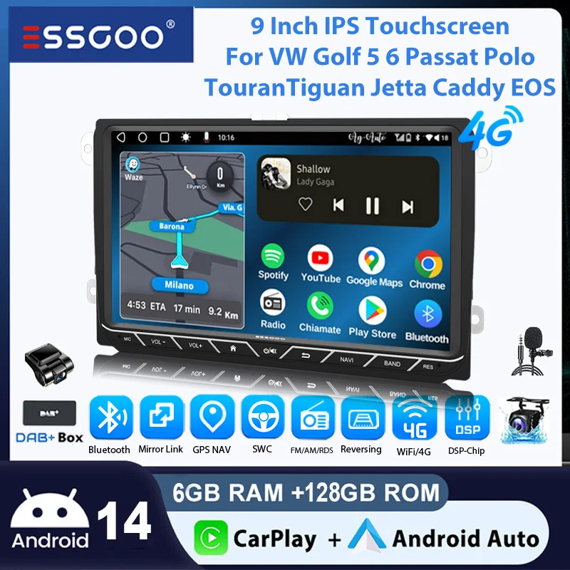 ESSGOO Android 14 Autoradio 9" 6+128 GB 8 Core Wireless CarPlay Android Auto für VW Golf 5 6 Passat Polo Touran Tiguan Jetta Caddy EOS 4G-Internet DSP GPS Navigation FM/AM/RDS CANBUS Mirror Link Image