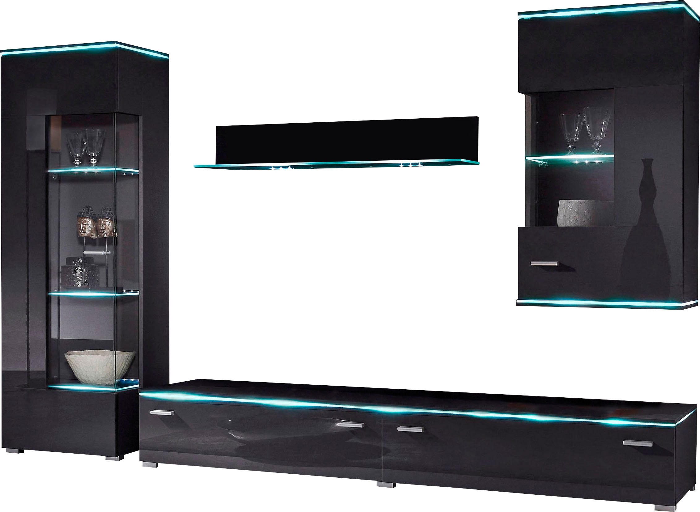 Wohnwand HÖLTKEMEYER "Happy", schwarz, Kastenmöbel-Sets, Wohnwand, Set besteht aus 1 Standvitrine, 1 Hängevitrine, 1 Lowboard und 1 Wandregal