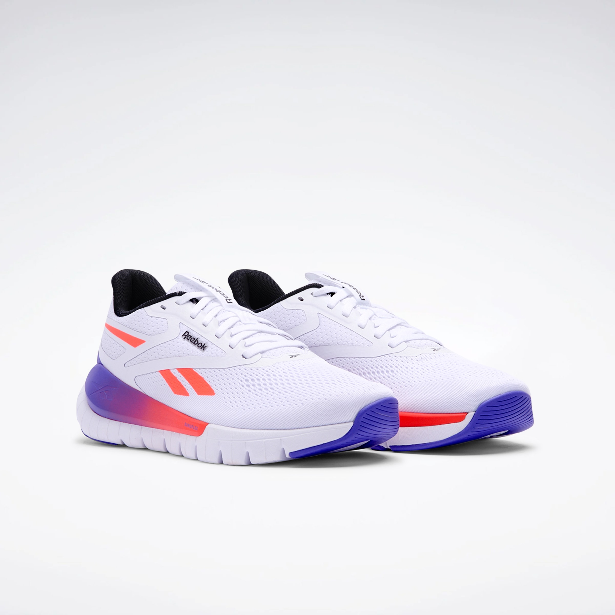 Trainingsschuh REEBOK "REEBOK FLEX TRAINER", Gr. 38,5, footwear weiß, flash orange, royal lila, Synthetik, Textil, Schuhe