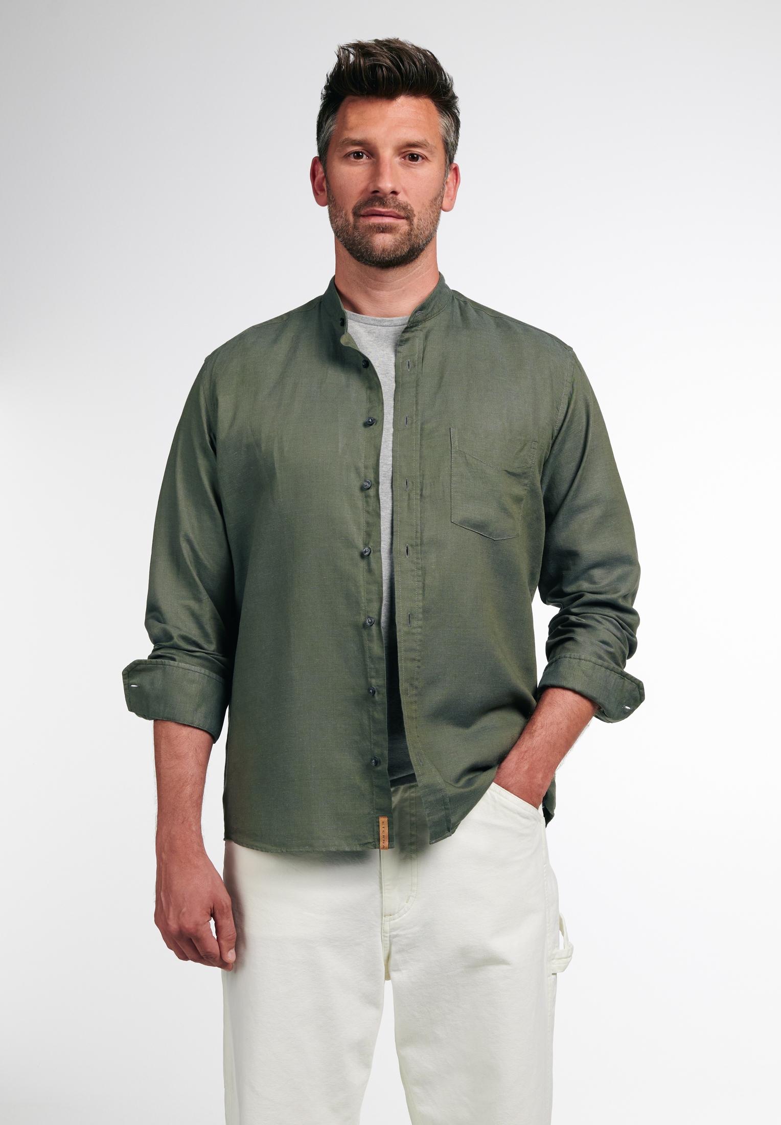Langarmhemd ETERNA "MODERN FIT", Herren, Gr. XL, US-Größen, grün, 32% cotton, 54% Leinen, 14% Lyocell, tailliert, Manschette, Hemden, EASY IRON (bügelleicht)