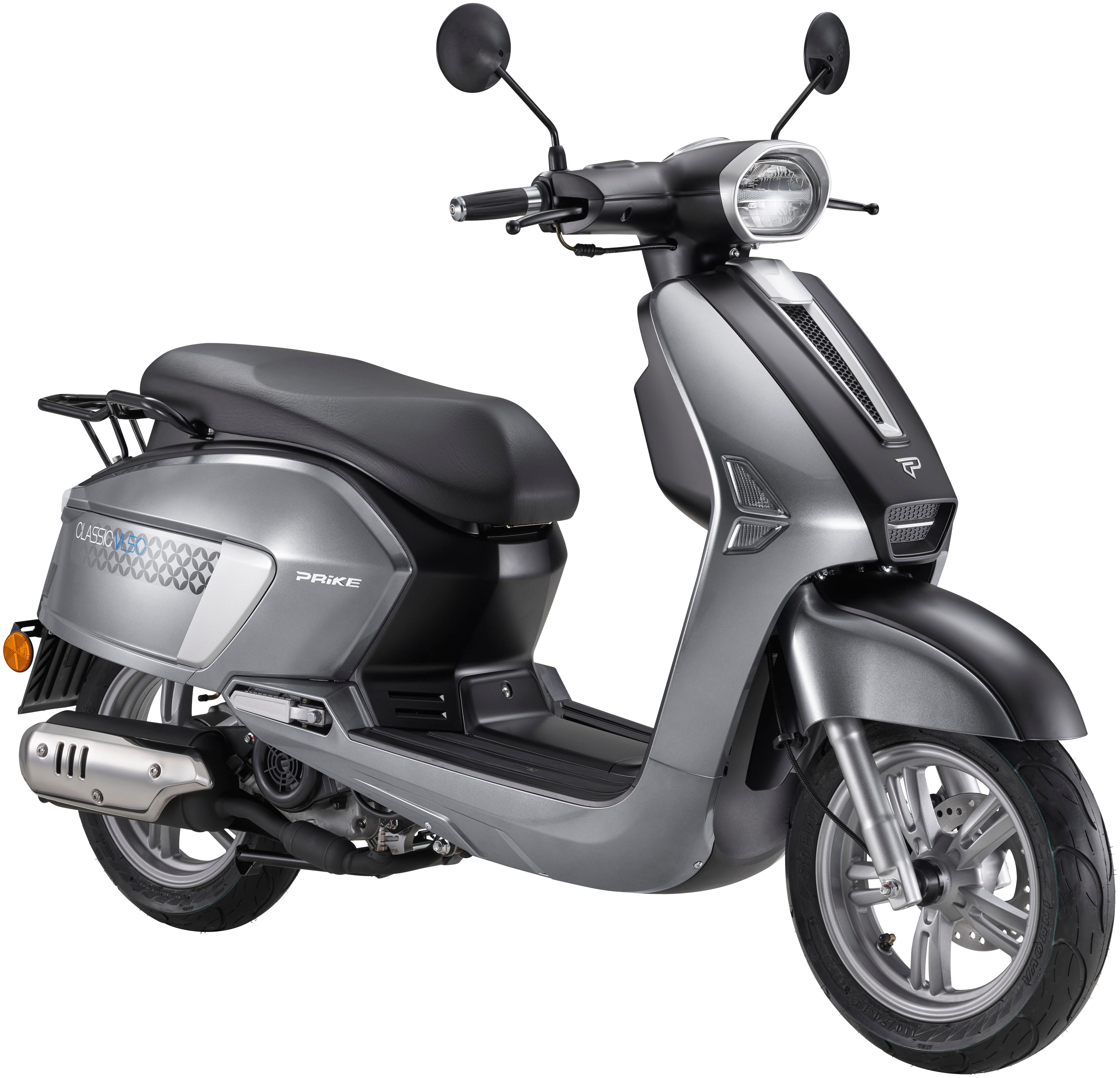 Motorroller PRIKE "Classic Roller VL50, (45km/h), 50 ccm", silber, Motorroller, ohne Topcase, 45 km/h, Kraftstoffeinspritzung (EFI), Lenkerschloss, Staufach, Scooter, LED, B:70cm H:110cm L:185,5cm