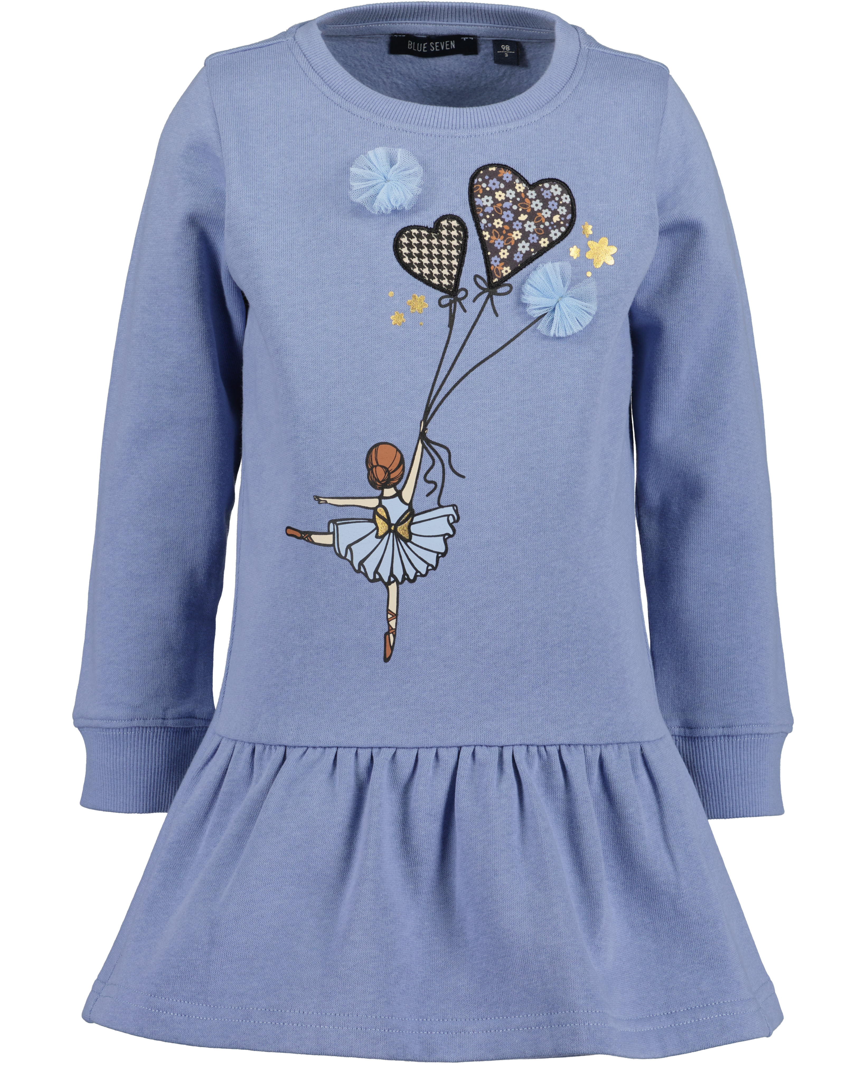 Sweatkleid BLUE SEVEN, Mädchen, Gr. 98, N-Gr, blau, angeraute Sweatware, Obermaterial: 100% Baumwolle, bedruckt, unifarben, regular fit knieumspielend, Rundhals, Rippbündchen, Kleider, mit hochwertigem Frontmotiv mit Tüll-Applikation Image