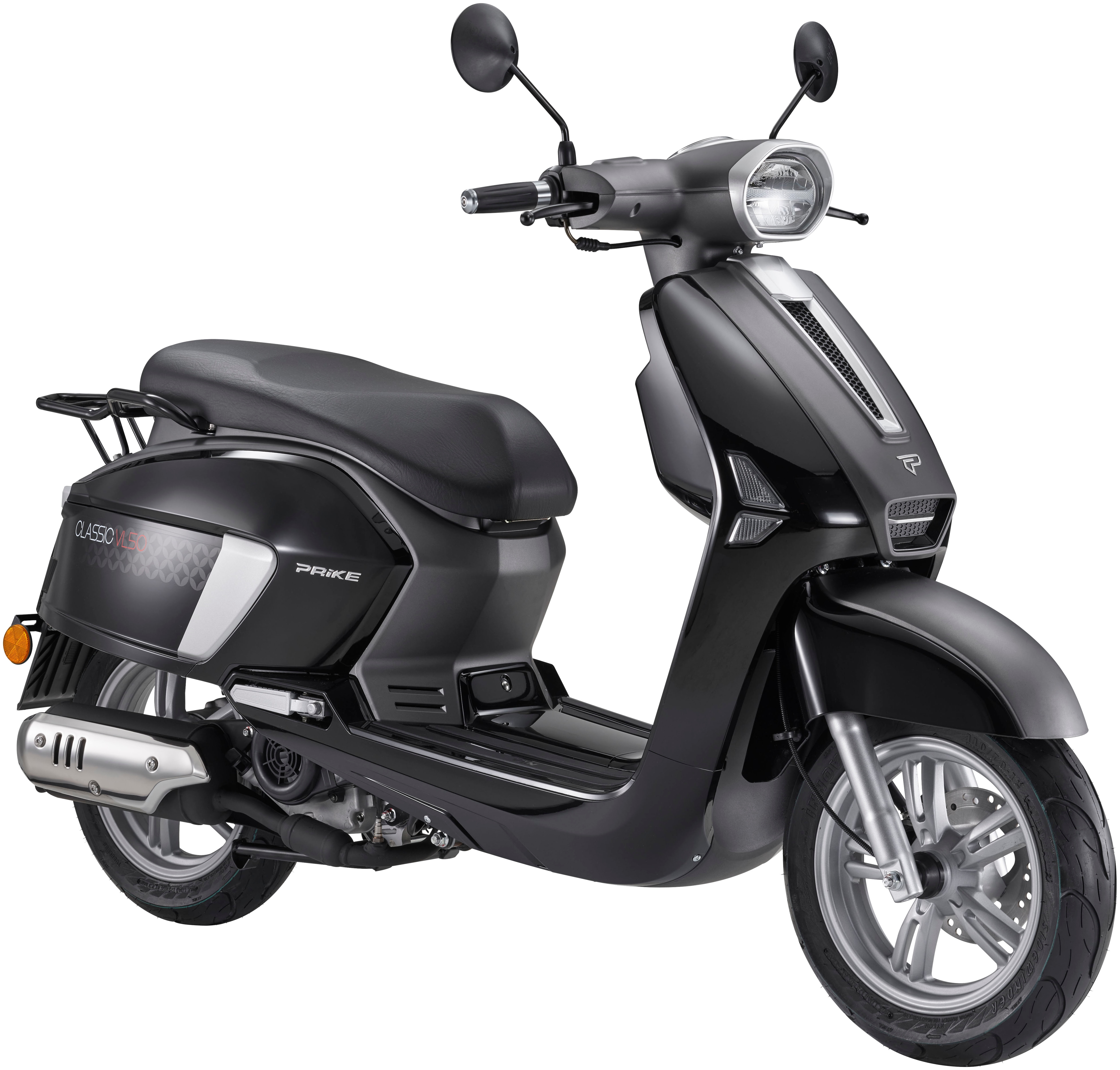 Motorroller PRIKE "Classic Roller VL50, (45km/h), 50 ccm", schwarz, Motorroller, ohne Topcase, 45 km/h, Kraftstoffeinspritzung (EFI), Lenkerschloss, Staufach, Scooter, LED, B:70cm H:110cm L:185,5cm