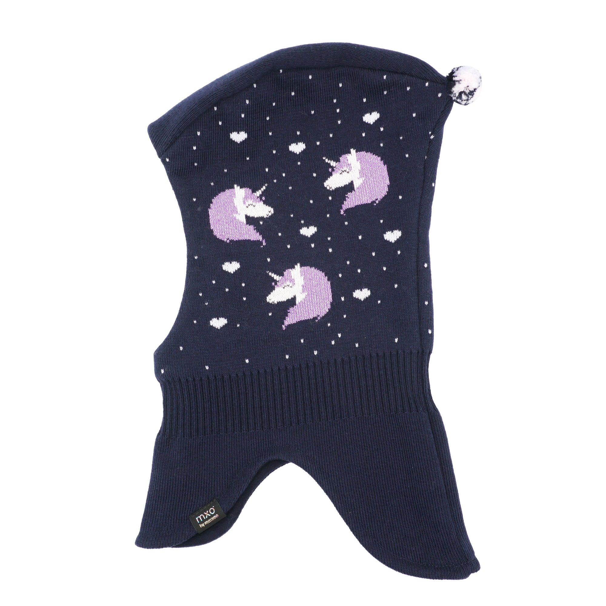 Schlupfmütze MAXIMO, Baby, Gr. 53, blau (navy, chive blossom), Fleece, Baumwolle, gemustert, mehrfarbig, Casual, Mützen, Baumwolle, gefüttert, im Einhorn-Design, verlängertes Halsteil Image