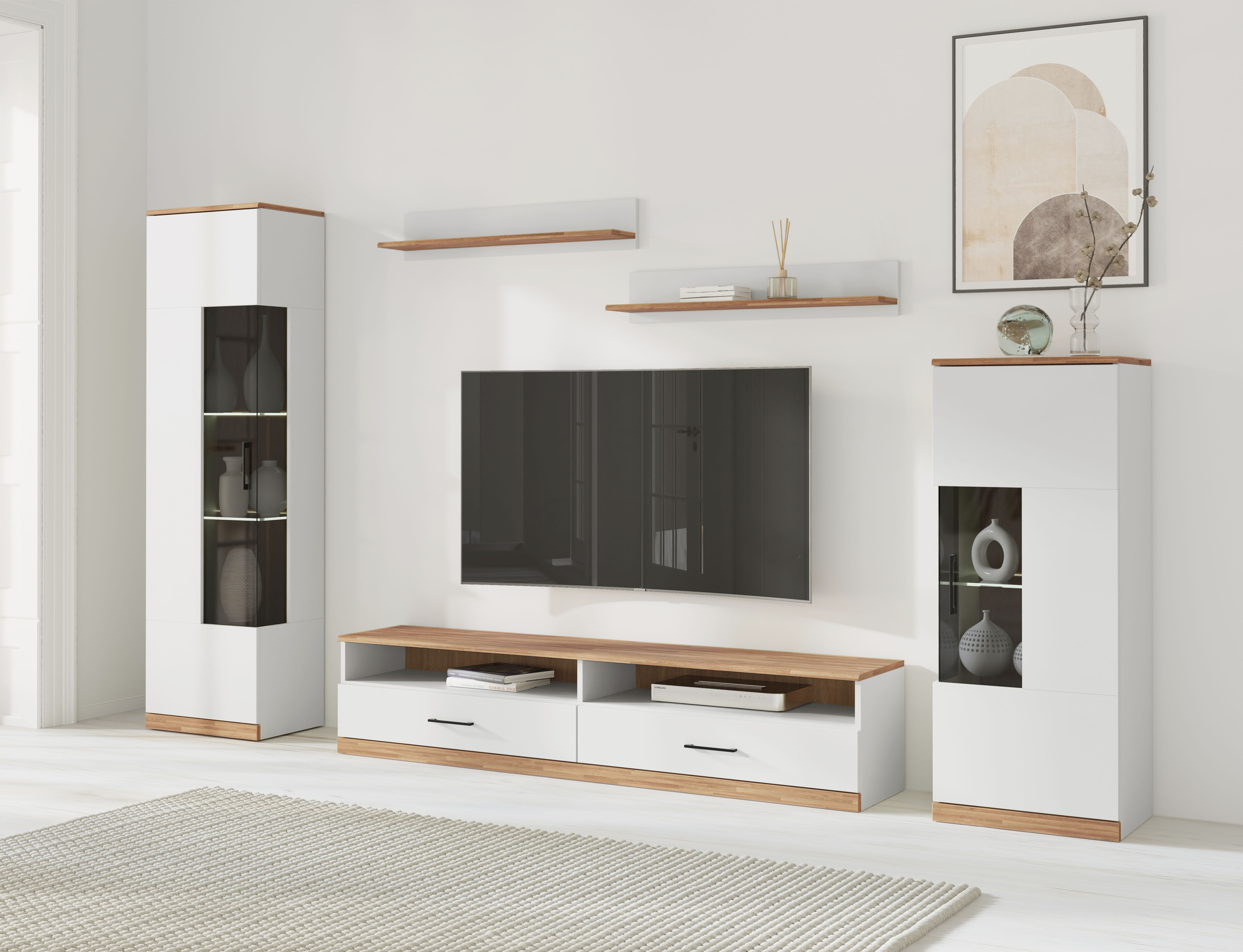 Wohnwand HOME AFFAIRE "Ribe Wohnwand Set-5 St.", weiß, eiche, B:240cm H:180cm T:35cm, Holzwerkstoff, Massivholz, Kastenmöbel-Sets, Glaseinsatz aus gehärtetem Glas,Böden teilweise versetzbar