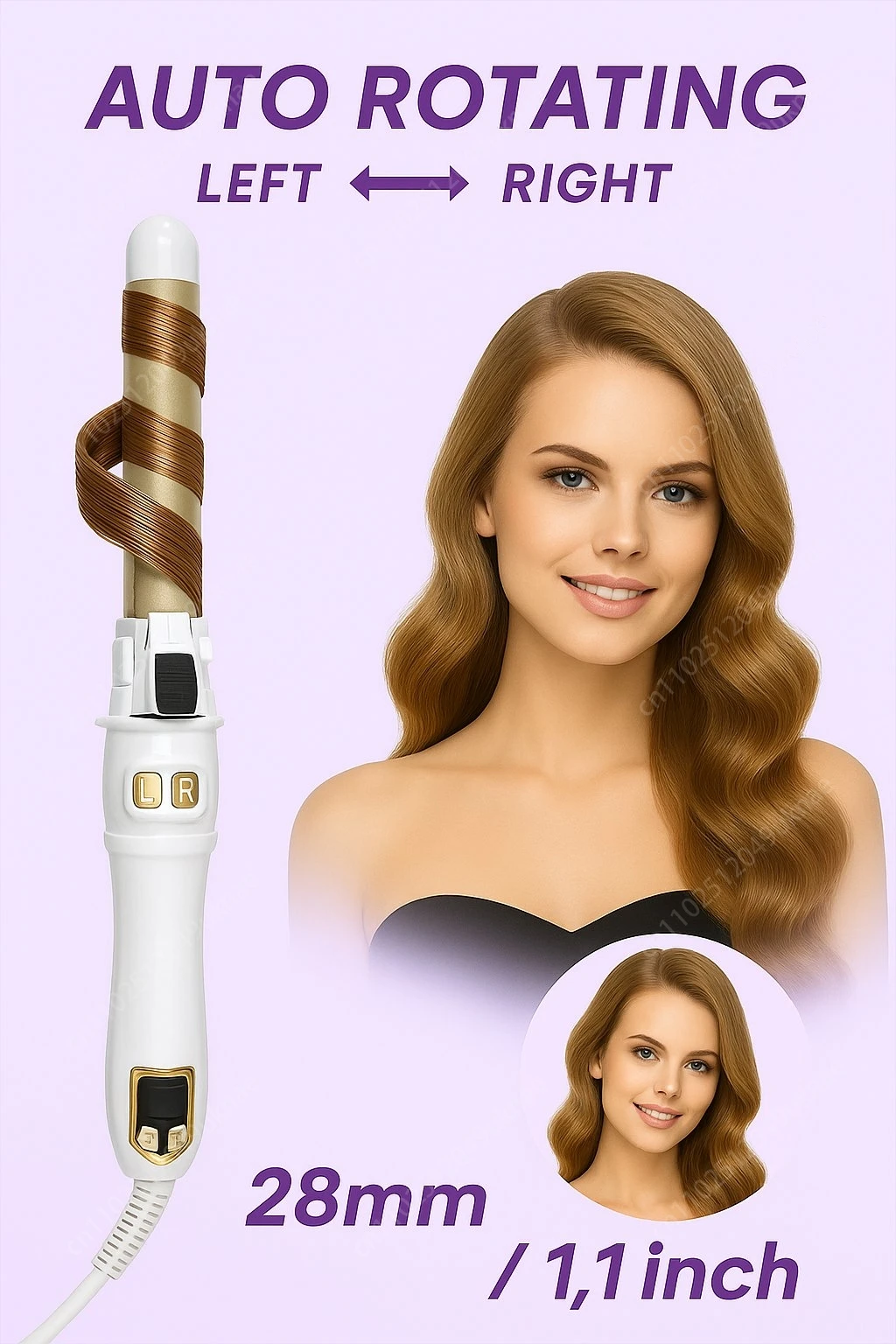 Automatischer Lockenstab, 28 mm, drehbarer Lockenwickler mit Keramikton für große Wellen und glattes, beschädigungsfreies Haarstyling Image