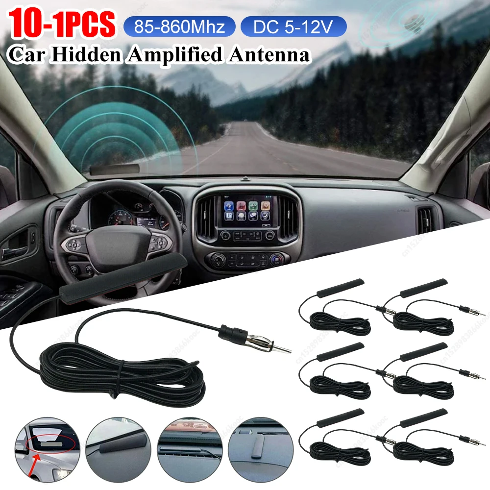 DC 5-12V AM/FM Radio Aerial Car Interior Hidden Amplified Antenna 85-860Mhz Car Radio Patch Aerial for Car Truck Motorcycle Boat