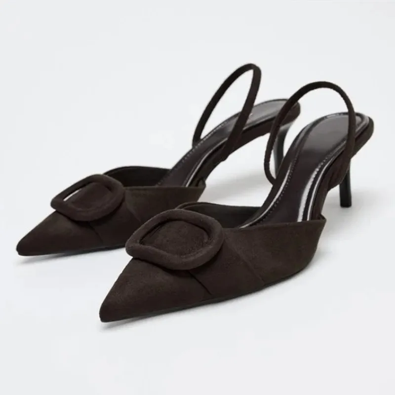 Coffee Faux Suede High-heel Sandal Women Fashion Pointy Toe Square Buckle Thin Heel Pumps Elegant Commuter Office Shoe Sandalias