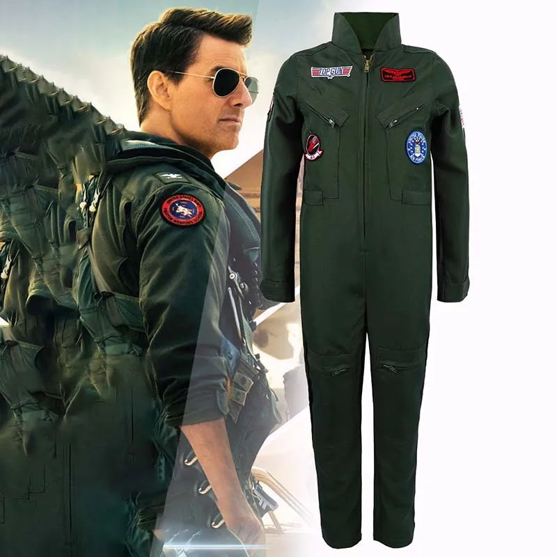 Top Gun Maverick Herren-Pilotenkostüm für Erwachsene, Air Force, grüner Overall, Halloween-Kostüm, Piloten-Fluganzug, Astronauten-Stil Image
