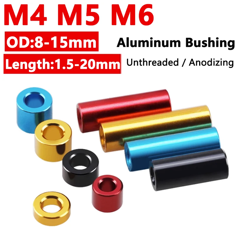 10 Stück M4 M5 M6 Aluminium-Buchsen-Unterlegscheiben-Dichtung ohne Gewinde, runde hohle Abstandshülse, eloxierter Außendurchmesser 8–15 mm, Länge 1,5–20 mm Image