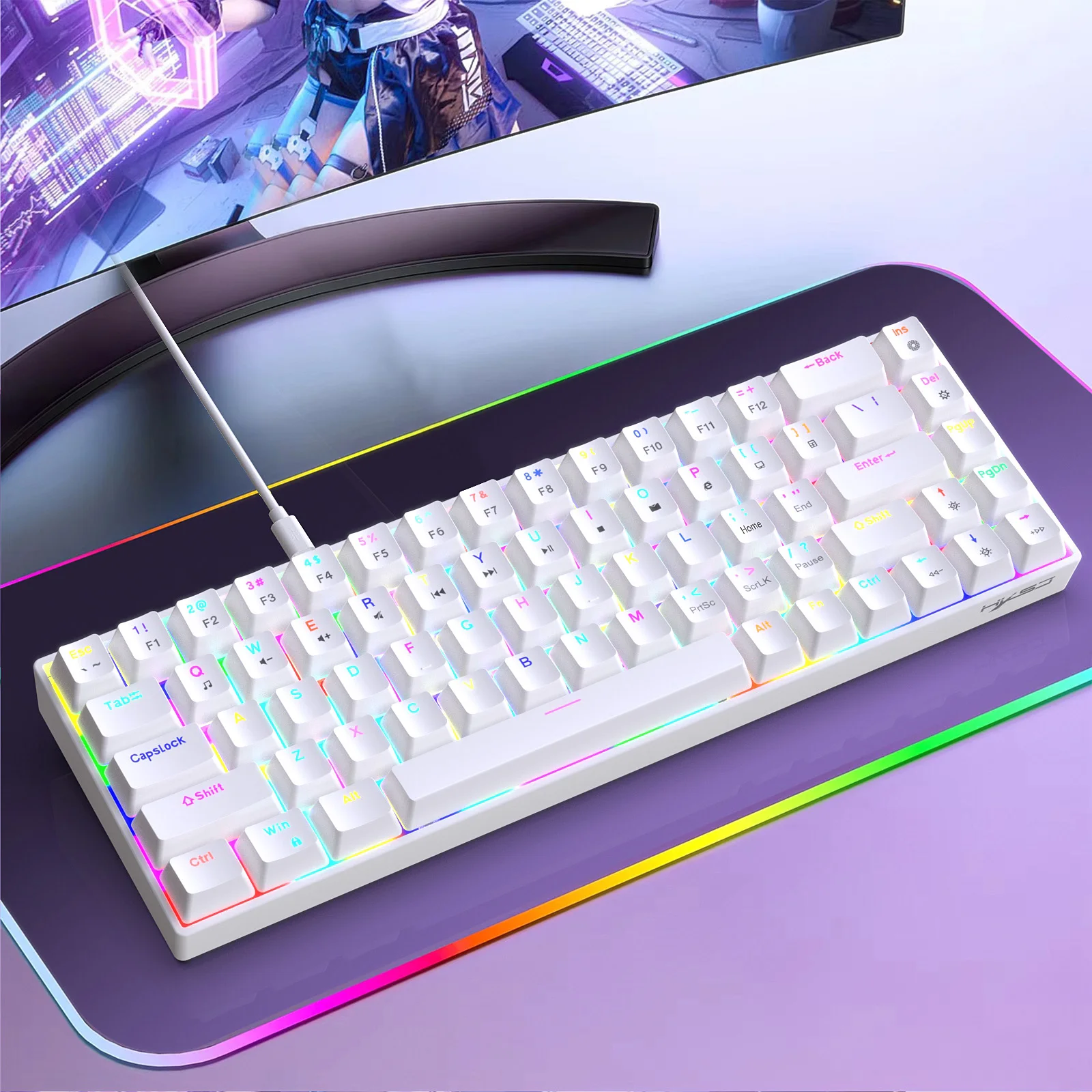 Mechanische Gaming-Tastatur, RGB-Tastatur mit Hintergrundbeleuchtung, ultrakompaktes Mini-68-Tasten mit kabelgebundener Tastatur mit rotem Schalter Image