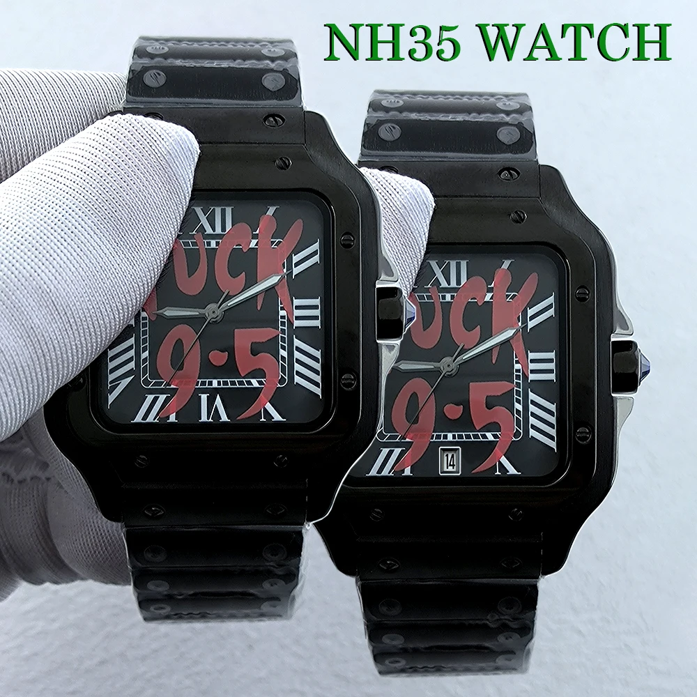 NH35 Square Roma Uhr Herren Automatik Schwarz Uhrengehäuse Faltschließe Armband NH35 NH36 Uhrwerk Uhr Image