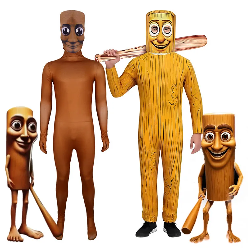 Italienischer Brainrot Tung Tung Sahur Cosplay für Erwachsene Kinder Orange und Braun Holztrommel Overall mit Maske für Halloween-Party Image