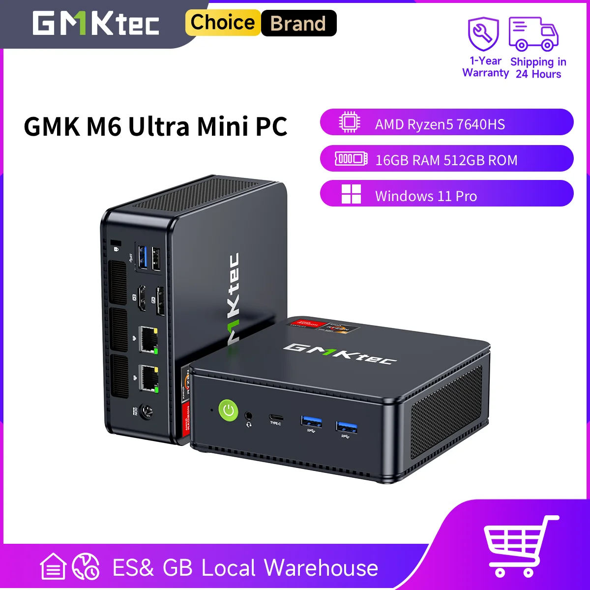 GMKtec M6 Ultra Mini PC AMD Ryzen5 7640HS ordinateur de bureau 16GB RAM 512GB PCIe3.0 SSD Windows 11 Pro Micro PC avec double LAN 2.5G