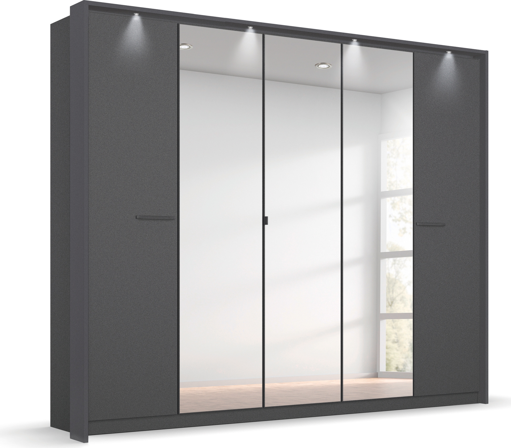 Drehtürenschrank RAUCH "Kleiderschrank Schrank Garderobe Wäscheschrank Ankleide OTELI", grau (graumetallic), B:230cm H:231cm T:58cm, Holzwerkstoff, Schränke, mit Mittelspiegel und Passepartout optional mit Beleuchtung Image