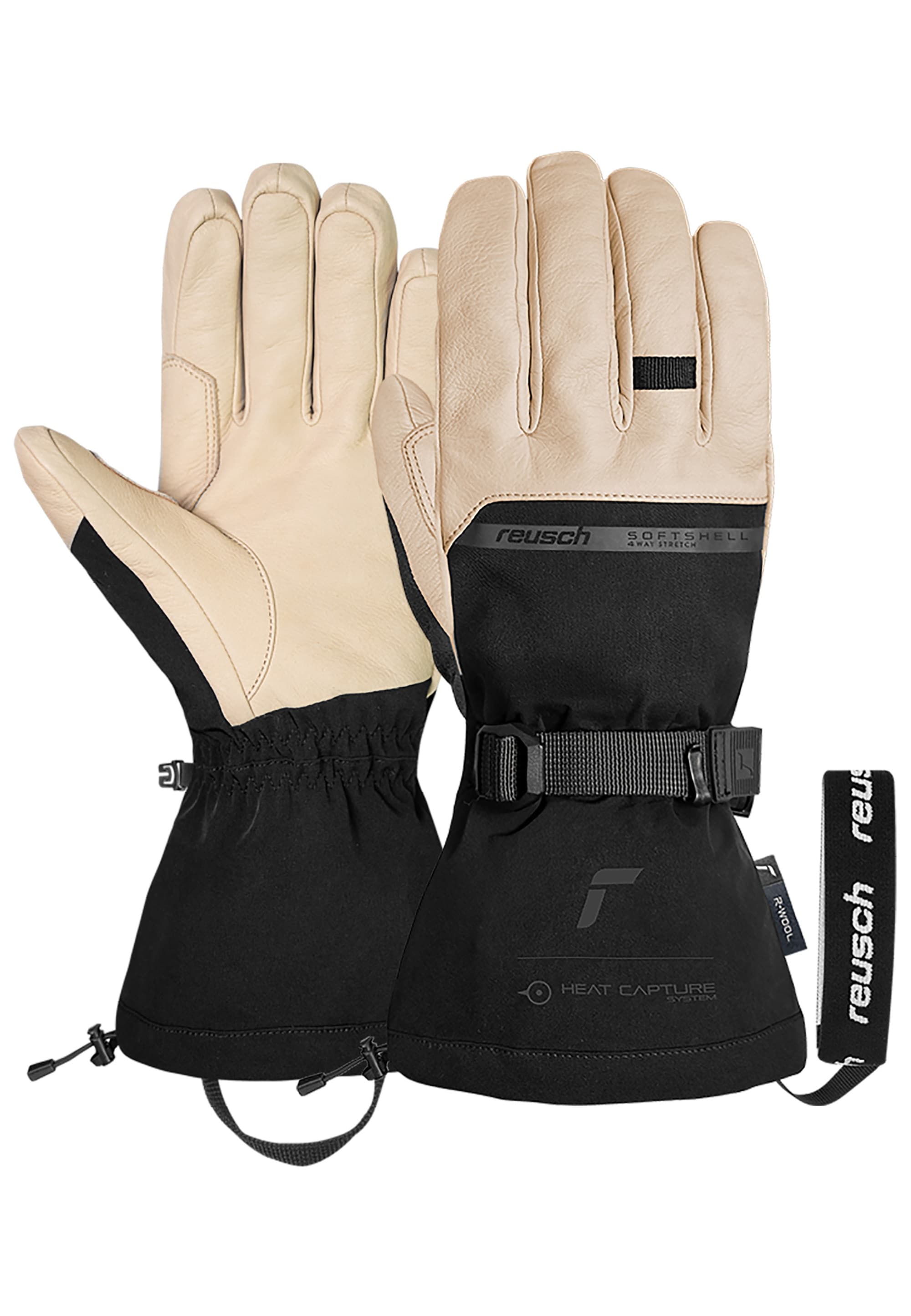 Skihandschuhe REUSCH "Duality R-WOOL", Damen, Gr. 10, beige, schwarz, 70% Polyester, 30% Rindsleder, unifarben, Handschuhe, mit winddichter, atmungsaktiver Funktion Image