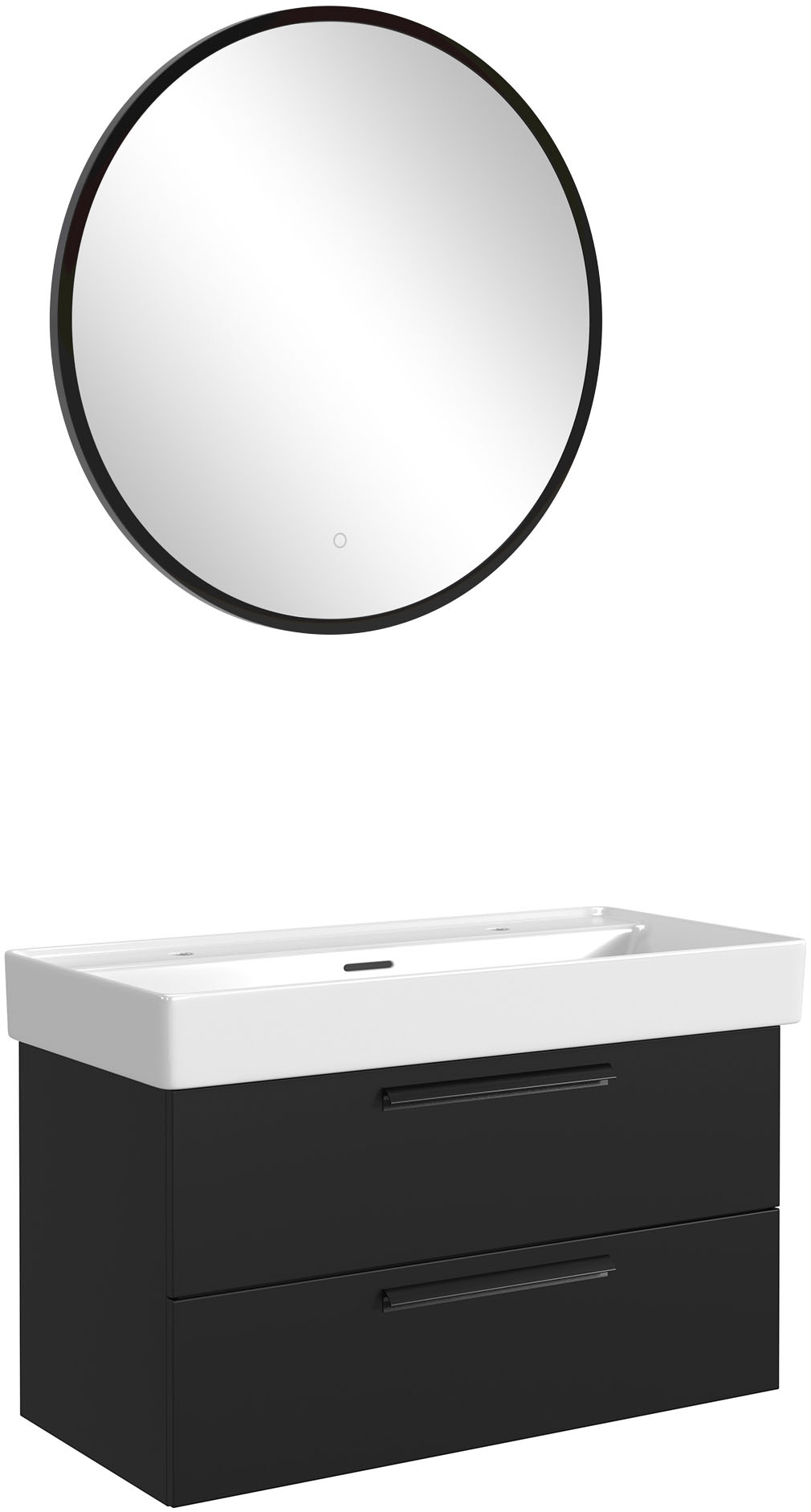 Badmöbel-Set WELLTIME "SALVADA, 2tlg-Set, gedämpfte Scharniere, Softclose, Keramikbecken", schwarz, B:100cm H:200cm T:47,5cm, MDF, Kastenmöbel-Sets, Schwarz, Keramikbecken 1 od. 2 Armaturlochbohrungen Image