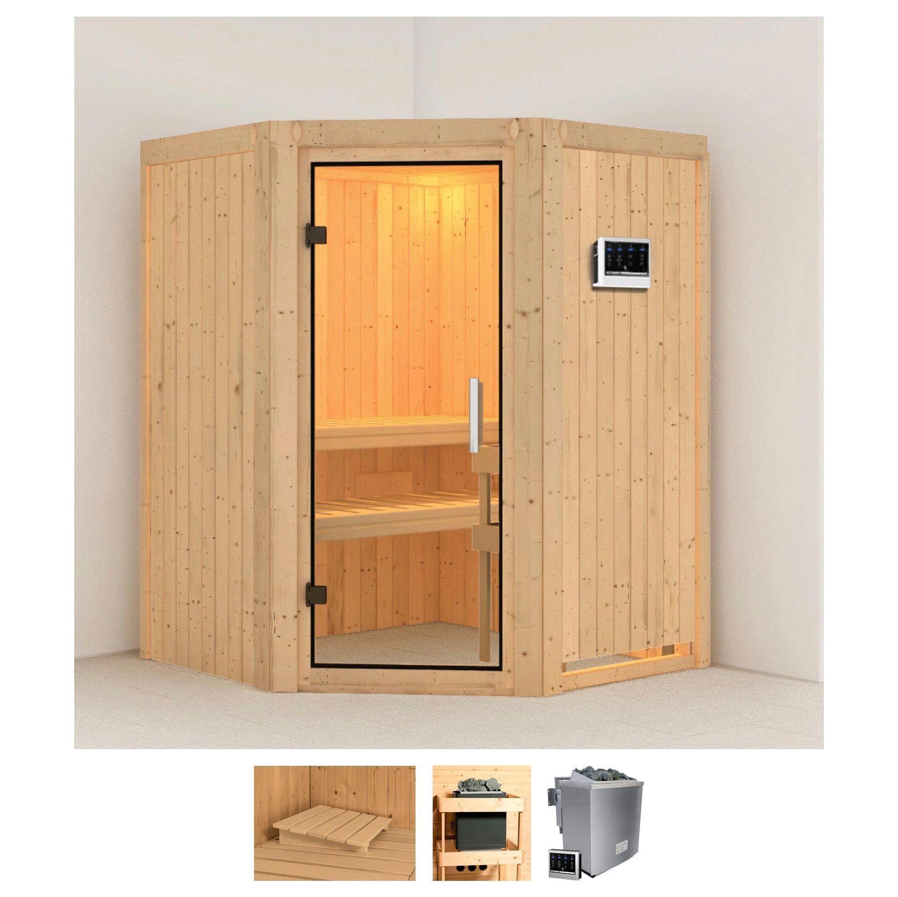 Sauna KARIBU "Larin", beige (naturbelassen), Bio-Kombiofen, externe Steuerung, 9, Saunen, 9 KW-Bio-Ofen mit externer Steuerung Image