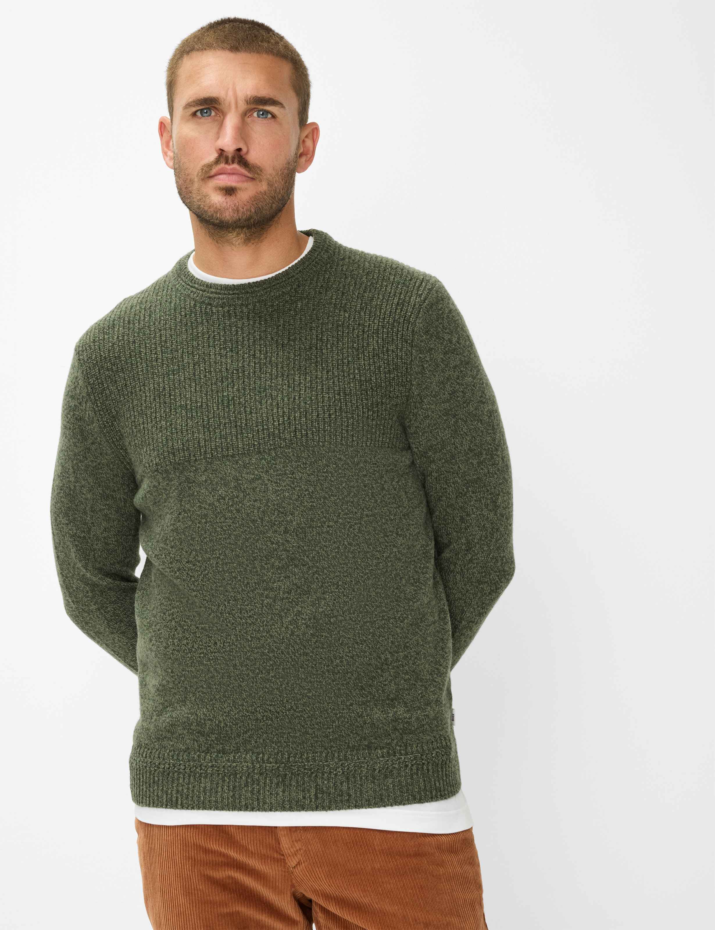 Rundhalspullover BRAX "Style RICK", Herren, Gr. L52, dunkelgrün, Strick, 80% Wolle, 20% Polyamid, Rundhals, Pullover Image