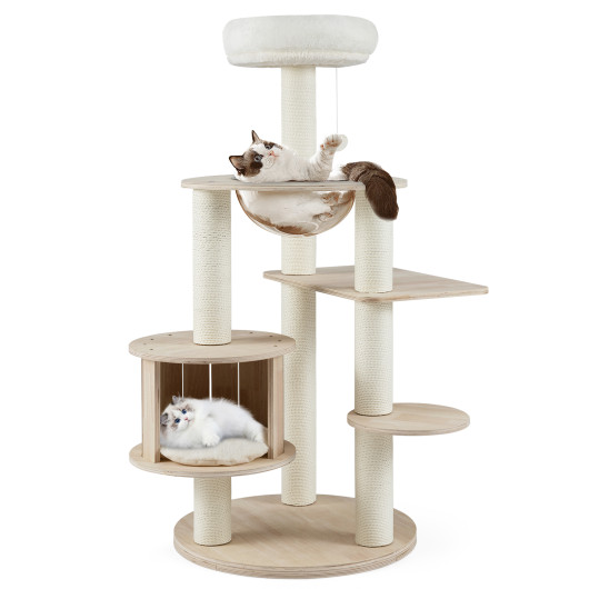Costway 52 Inches Tall Wooden Cat Tree with Washable Plush Cushions and Multi-Level Climbing Stand