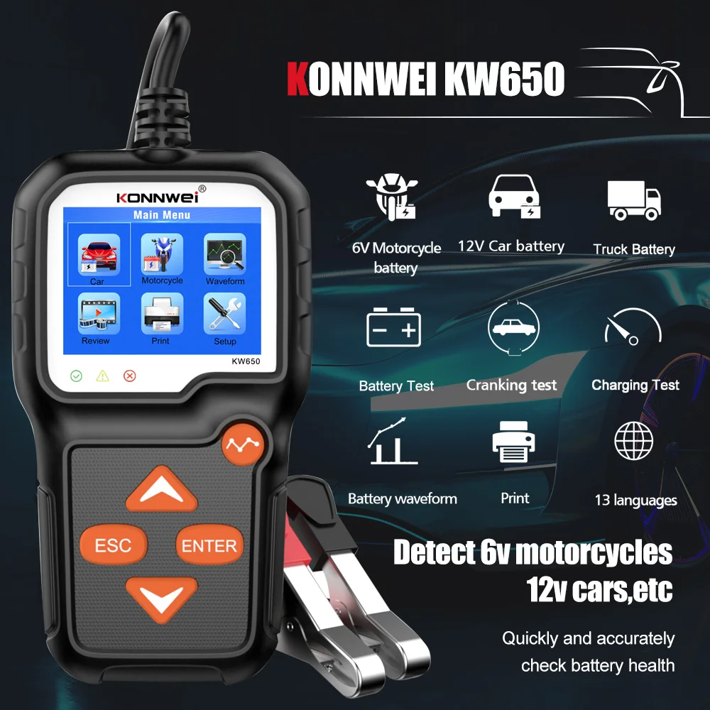 KONNWEI KW650 testeur de batterie de Moto de voiture 6V 12V analyseur de batterie automatique 100 à 2000 CCA outils de Test de charge de démarrage de voiture Moto