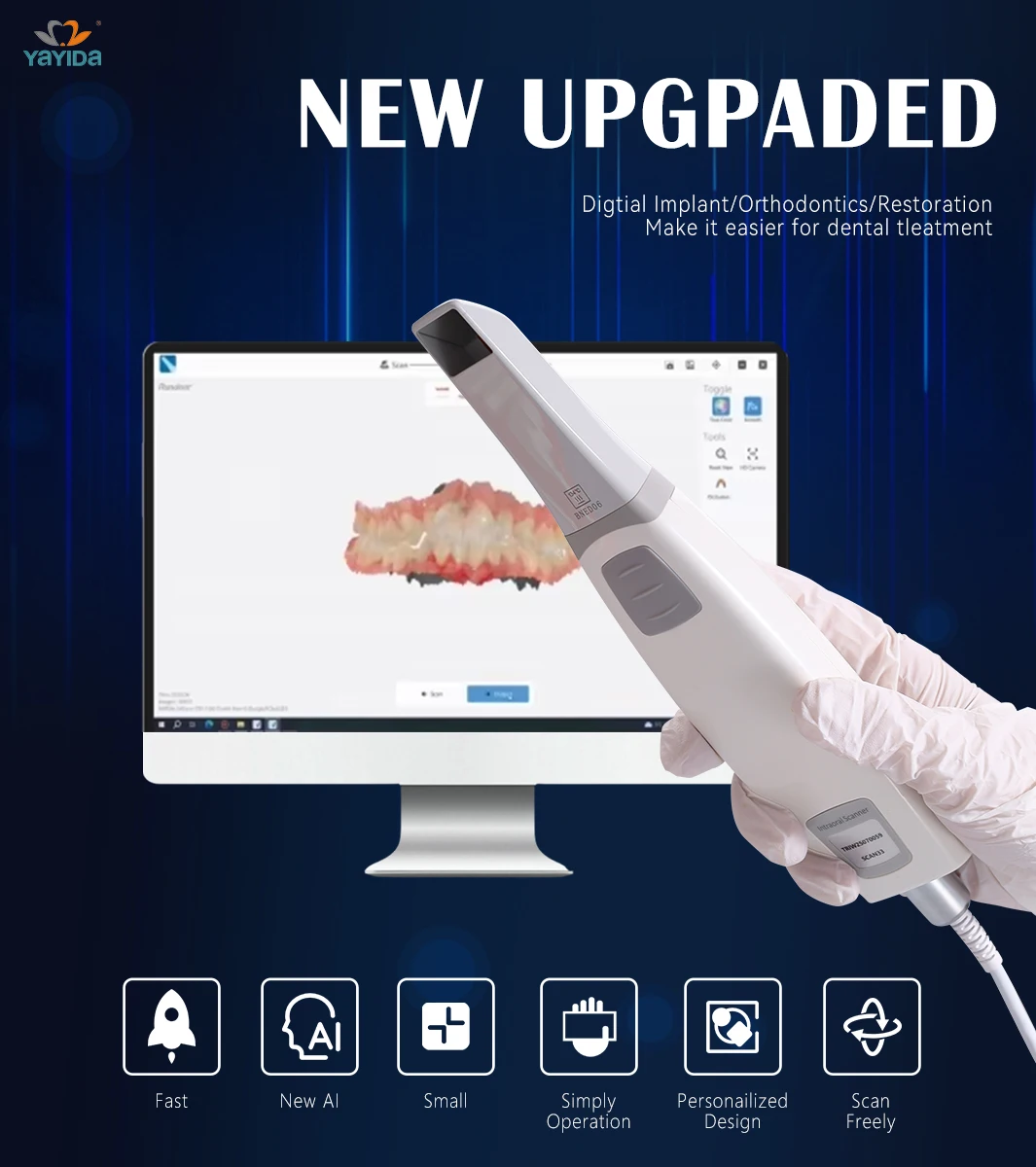 Scanner intraorale dentale Scanner orale dentale 3D Scanner a colori Sistema aperto Scanner per modellazione dentale Attrezzatura dentale medica