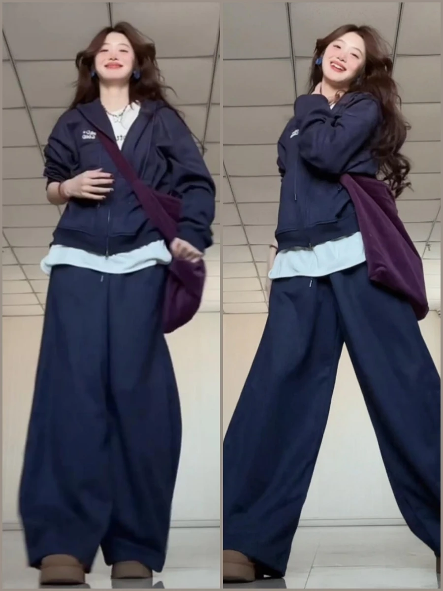Tibetisches blaues Damen-Sportbekleidungsset im koreanischen Stil, fauler Student, Kapuzen-Hoodie, Jogginghose, lockeres, lässiges zweiteiliges Frühlingsoutfit Image