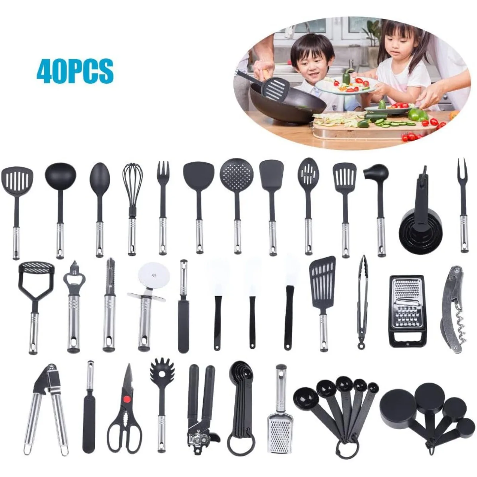 Ensemble d'ustensiles de cuisine, ensemble de cuisine 40 pièces en acier inoxydable et en nylon, accessoires de cuisine avec fourchettes, fouet, ensemble de spatules cuillères