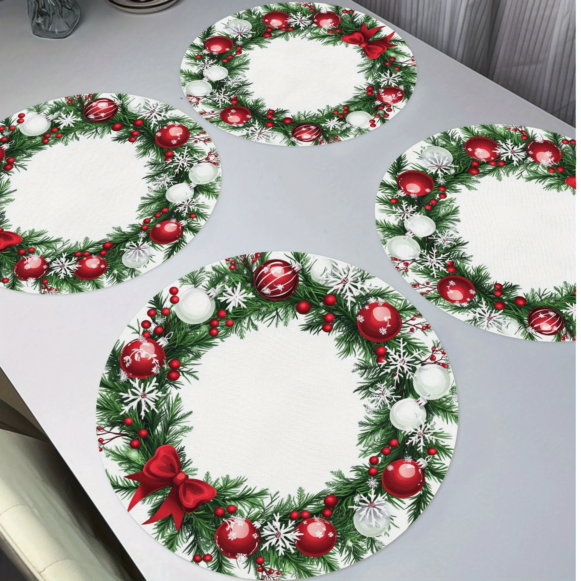 VIKAMA 4-teilige Weihnachts-Tischsets mit Kieferenzweig und Schneeflocken für Feiertage, Weihnachtsfeier, Tischdekoration, Zubehör Image