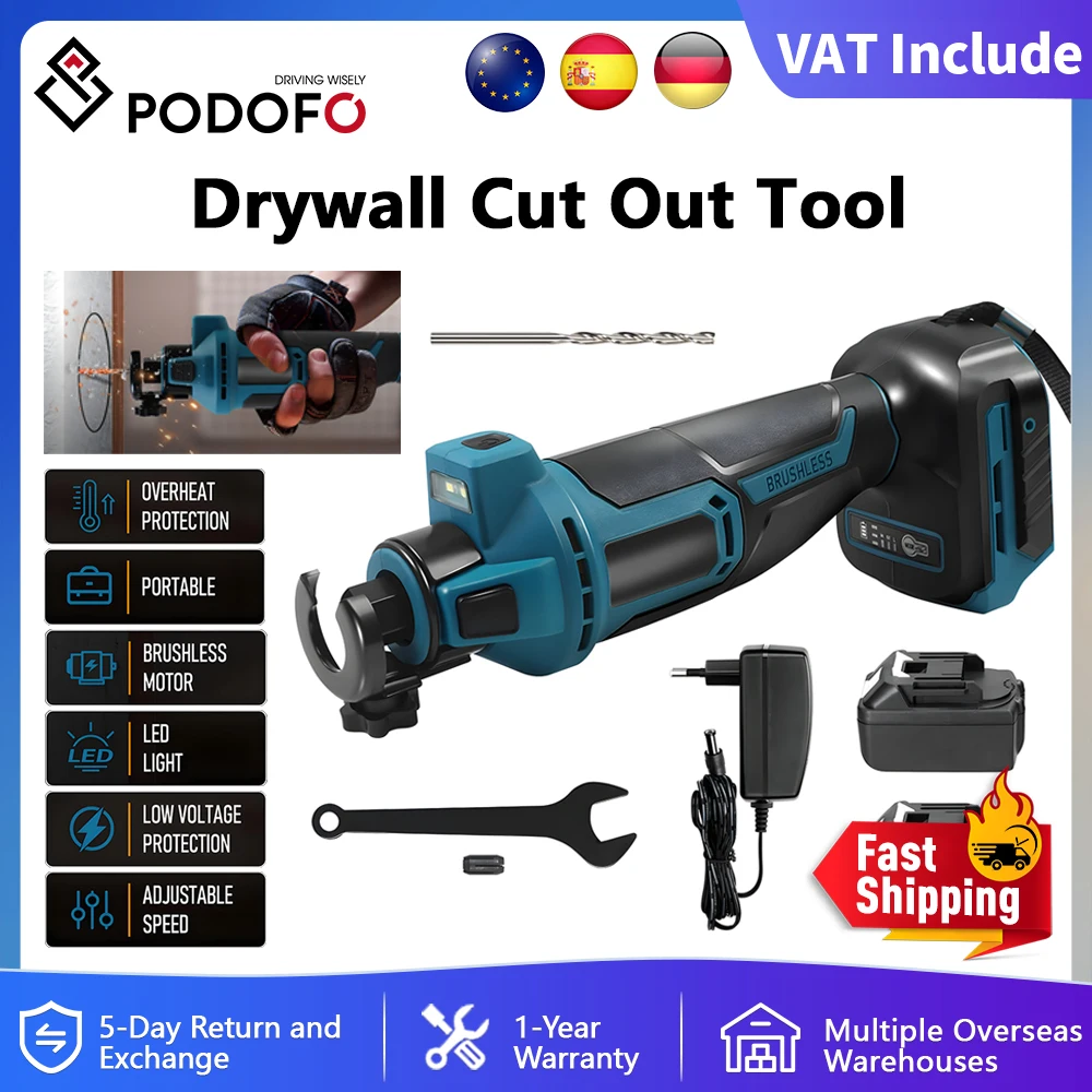 Podofo Bürstenloses Trockenbau-Ausschnittwerkzeug, kabellos, 30.000 U/min, rotierendes Schneidwerkzeug, Schneiden von Holz, Trockenbau, Sheetrock-Holz für 1/8 1/4 Bits Image