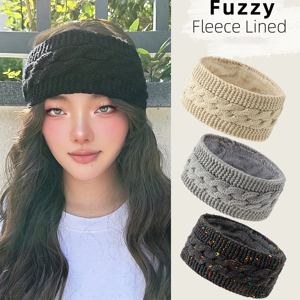 1-teiliges wintergestricktes, klobiges Stirnband, gehäkelt, Turban, gestrickter Ohrenwärmer mit Plüschfutter, Ohrenschützer, Strumpffüller für kaltes Wetter Image