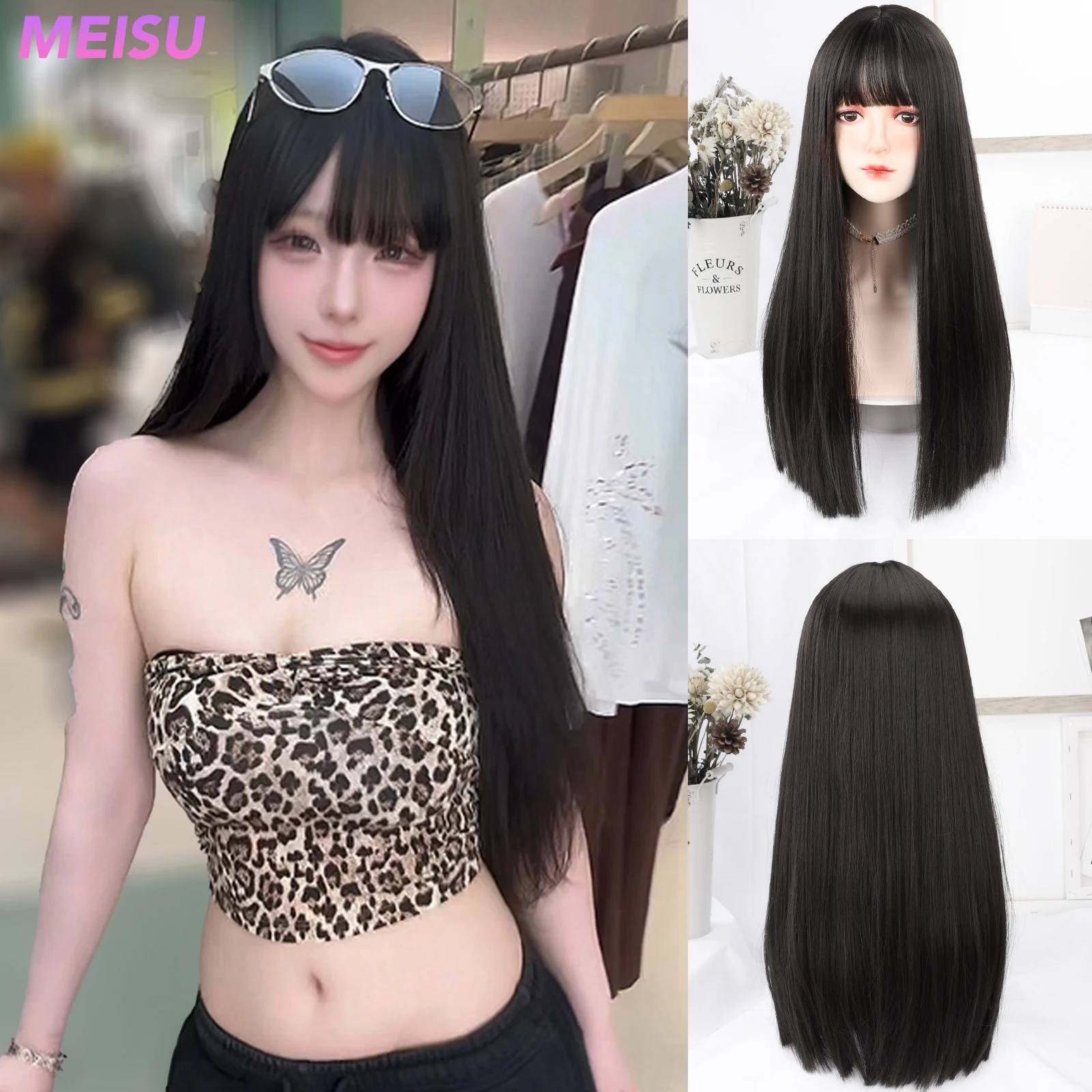 MEISU 26 Zoll lange gerade synthetische schwarze Perücke geschichtete hitzebeständige Pony-Perücken natürliches glattes Haar stilvolle Party für Frauen Image