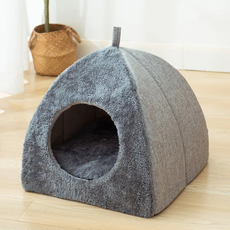 Neues dreieckiges geschlossenes Katzenhaus – warmes Plüsch-Haustierbett für den tiefen Schlaf, gemütlicher Unterschlupf für Katzen und kleine Hunde Image