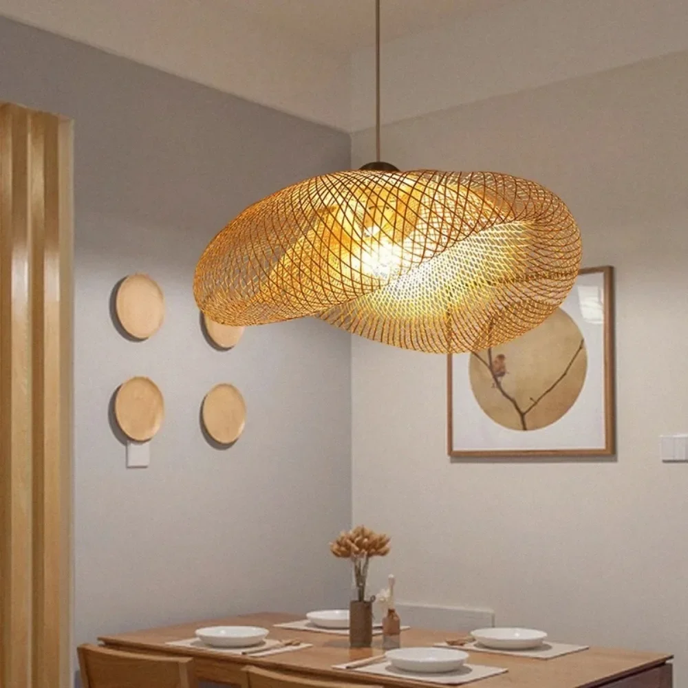 Rattan-Pendelleuchte, moderner Bambus-Kronleuchter, nordische Heimdekoration, 40/60/80 cm, handgefertigte Hängelampe für Esszimmer und Wohnzimmer