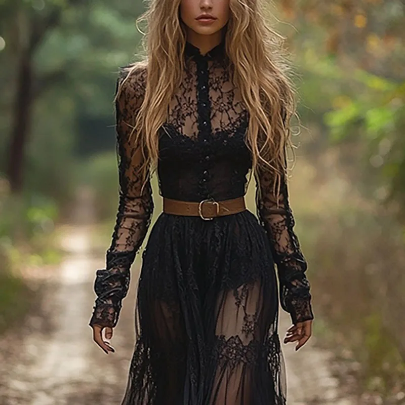 Frühling Herbst Chic Lange Hülse O-ansatz Prom Kleid Retro Schwarz Sexy Zipper Langes Kleid frauen Spitze Jacquard aushöhlen Party kleid