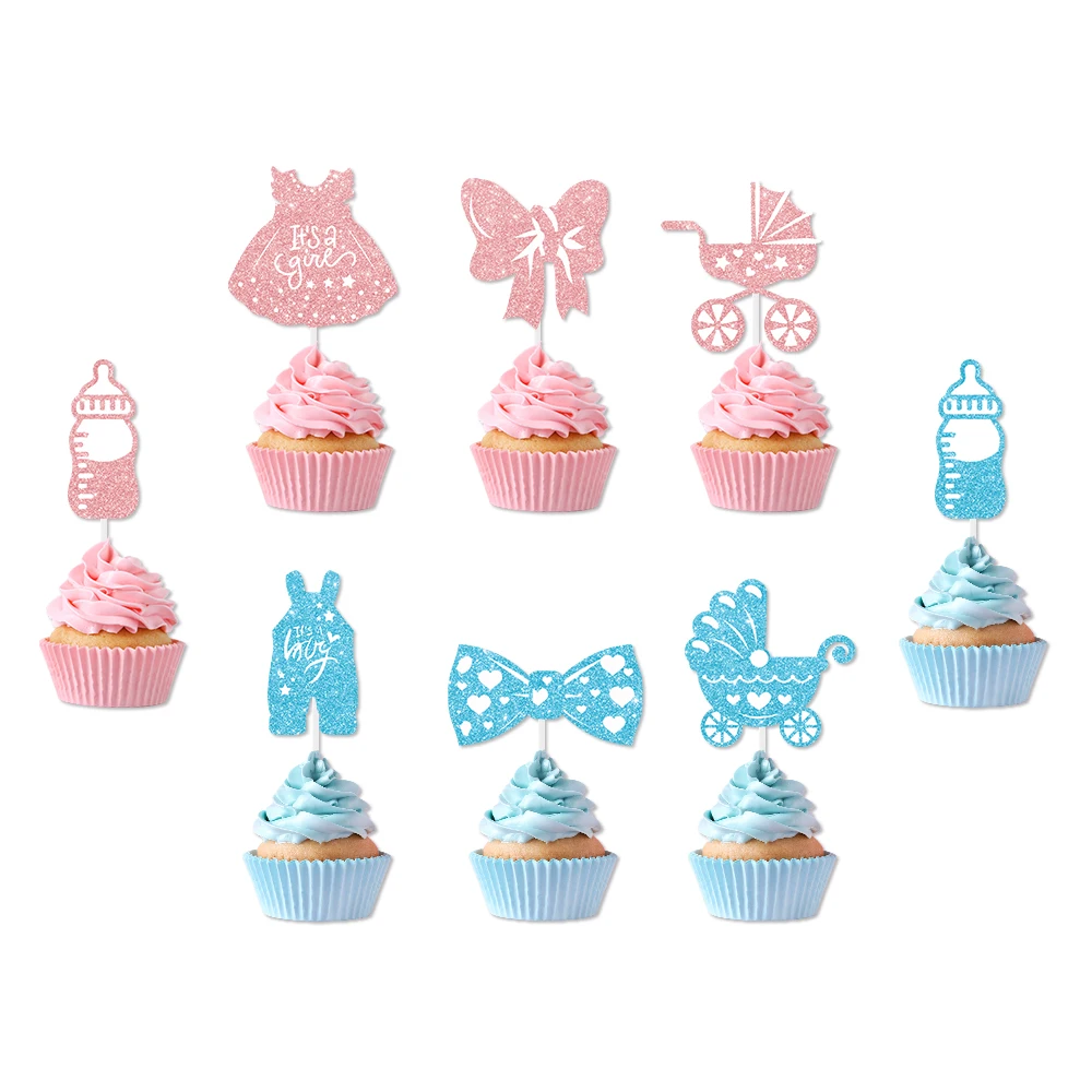 12/24 Stück Glitzer-Kuchenaufsatz für Jungen oder Mädchen, Geschlecht offenbaren, Party-Kuchendekoration, Flasche, Einteiler, Kleid, Kuchen-Picks, Babyparty, Geburtstagsgeschenk Image