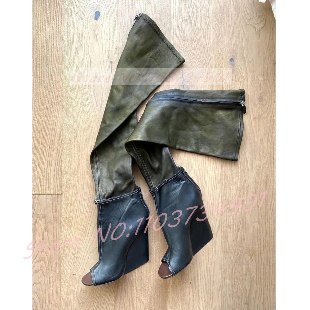 Armee Grün Retro Über Das Knie Stiefel Frauen Schlank Offene spitze Spitze Patchwork High Heels Keile Schuhe Weibliche Sexy PU Leder Stiefel