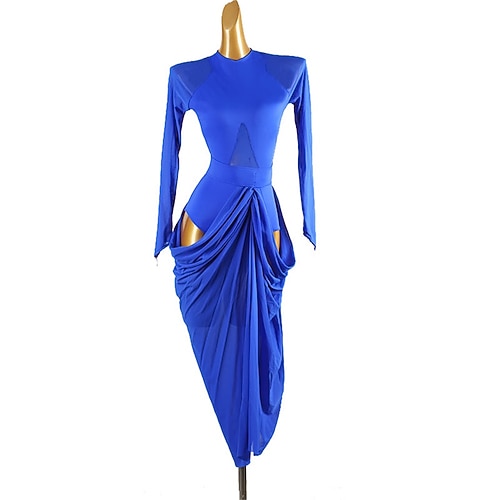 abito da ballo latino da donna blu reale con maniche lunghe, gonna drappeggiata e lati tagliati, ideale per salsa, rumba e abbigliamento da spettacolo