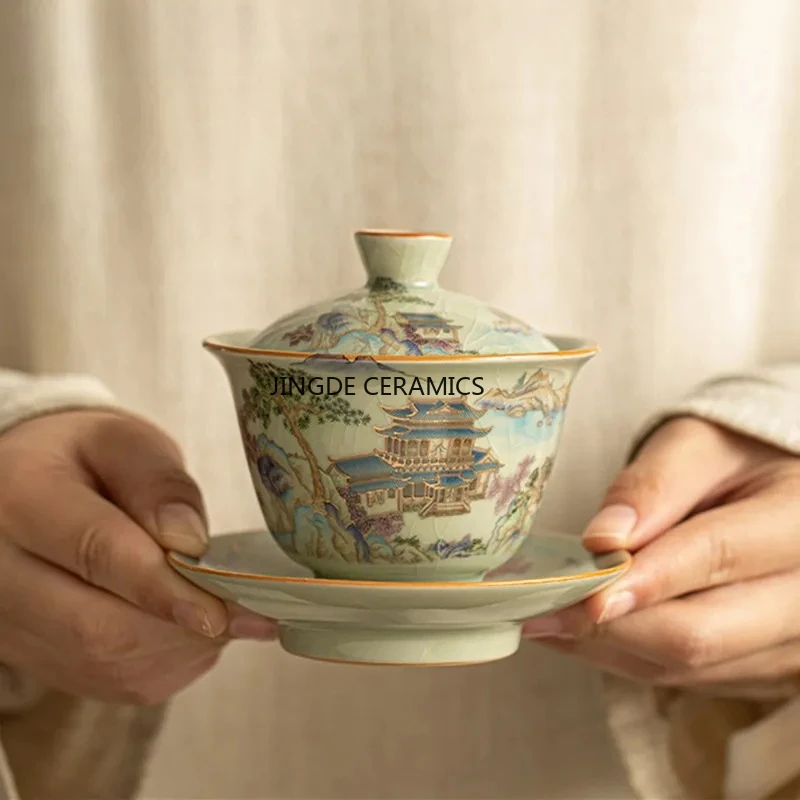 Chinese Style Ru Kiln Ceramic Lid Bowl Teapot Household Tea Bowls and Pots Travel Portable Tea Set Tea Set Accessories